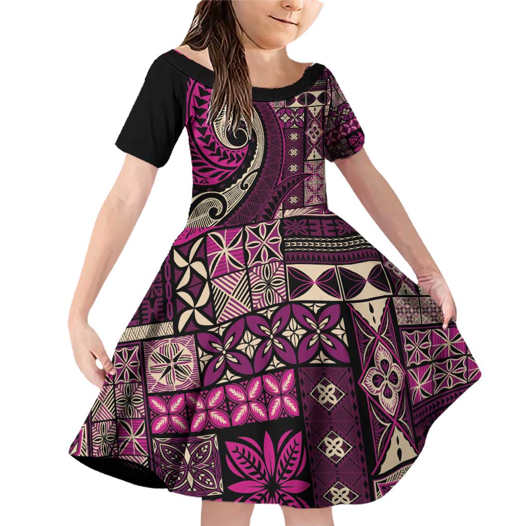 Vintage Samoa Siapo Mamanu Family Matching Off Shoulder Short Dress and Hawaiian Shirt Pink Samoan Tapa Motif - Polynesian Pride