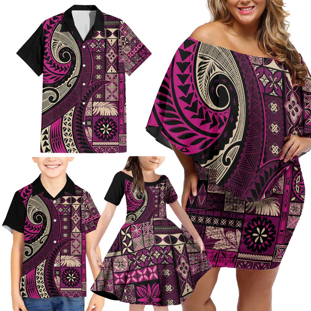 Vintage Samoa Siapo Mamanu Family Matching Off Shoulder Short Dress and Hawaiian Shirt Pink Samoan Tapa Motif - Polynesian Pride