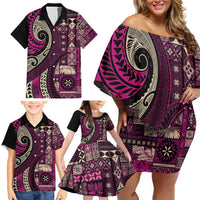 Vintage Samoa Siapo Mamanu Family Matching Off Shoulder Short Dress and Hawaiian Shirt Pink Samoan Tapa Motif - Polynesian Pride