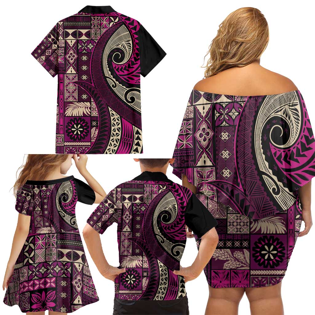 Vintage Samoa Siapo Mamanu Family Matching Off Shoulder Short Dress and Hawaiian Shirt Pink Samoan Tapa Motif - Polynesian Pride