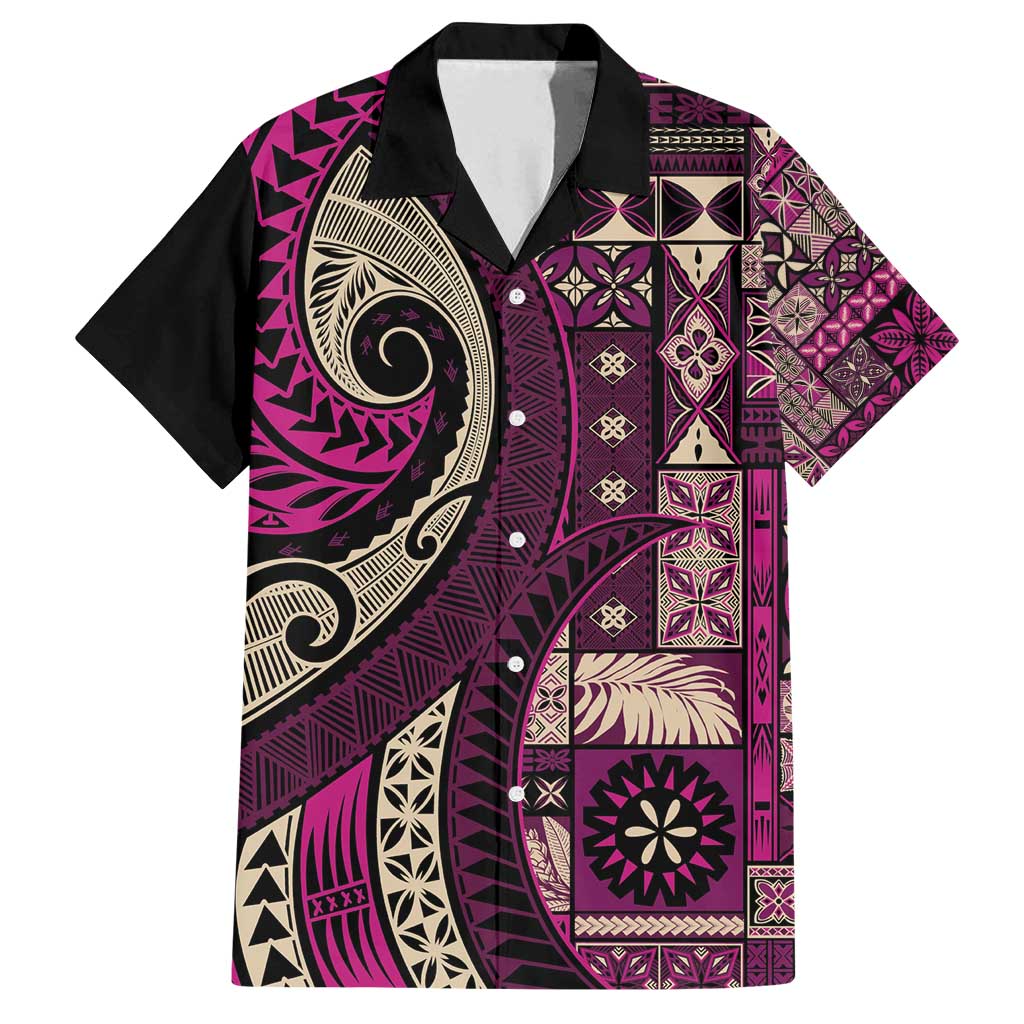 Vintage Samoa Siapo Mamanu Family Matching Off Shoulder Short Dress and Hawaiian Shirt Pink Samoan Tapa Motif - Polynesian Pride