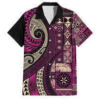 Vintage Samoa Siapo Mamanu Family Matching Off Shoulder Short Dress and Hawaiian Shirt Pink Samoan Tapa Motif - Polynesian Pride