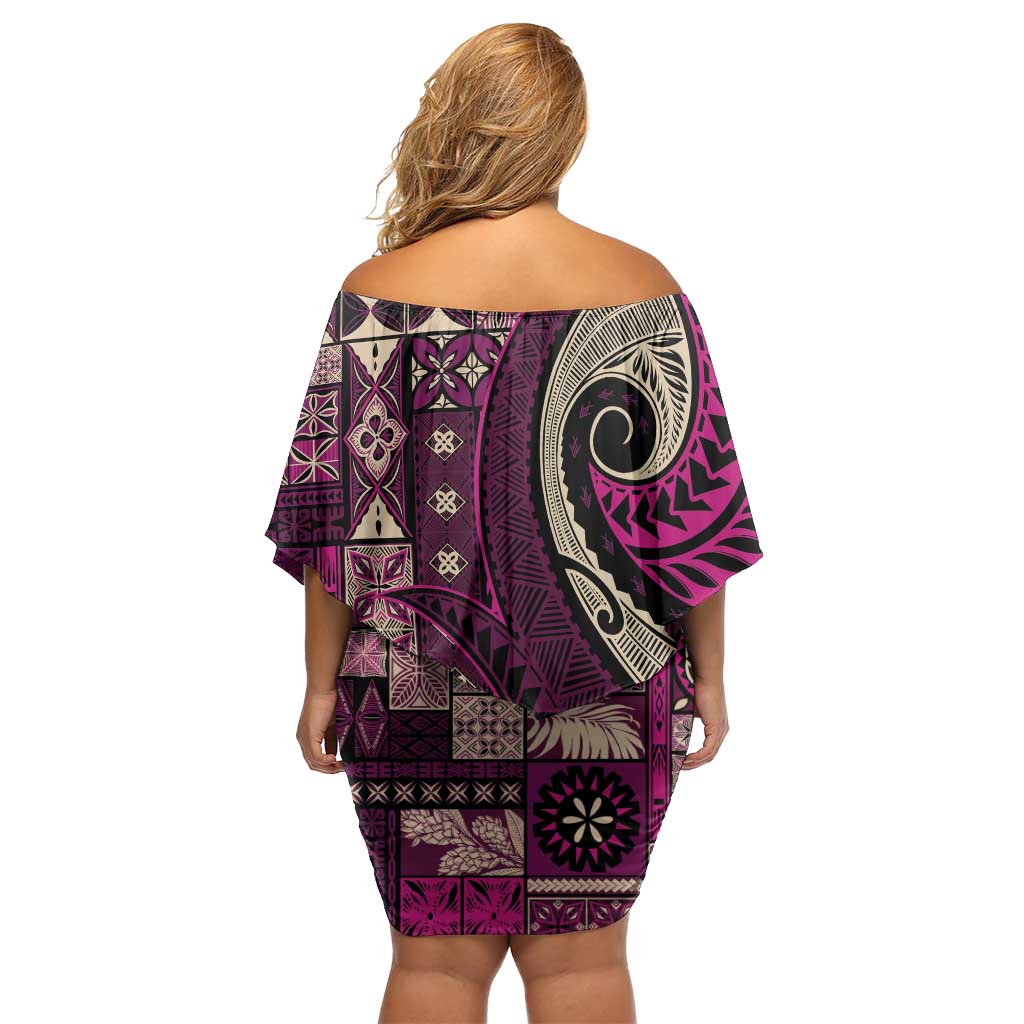 Vintage Samoa Siapo Mamanu Family Matching Off Shoulder Short Dress and Hawaiian Shirt Pink Samoan Tapa Motif - Polynesian Pride