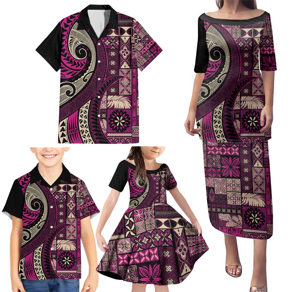 Vintage Samoa Siapo Mamanu Family Matching Puletasi and Hawaiian Shirt Pink Samoan Tapa Motif - Polynesian Pride