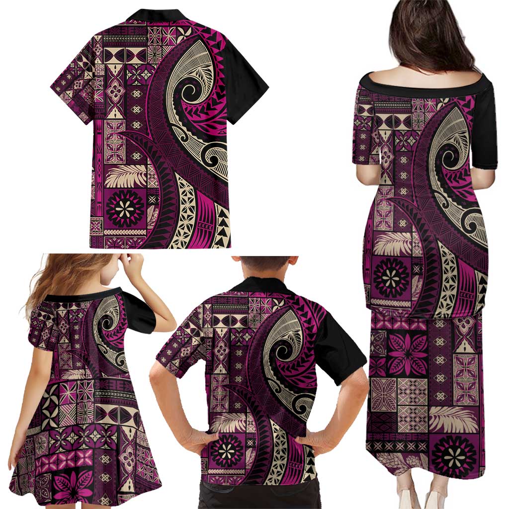 Vintage Samoa Siapo Mamanu Family Matching Puletasi and Hawaiian Shirt Pink Samoan Tapa Motif - Polynesian Pride