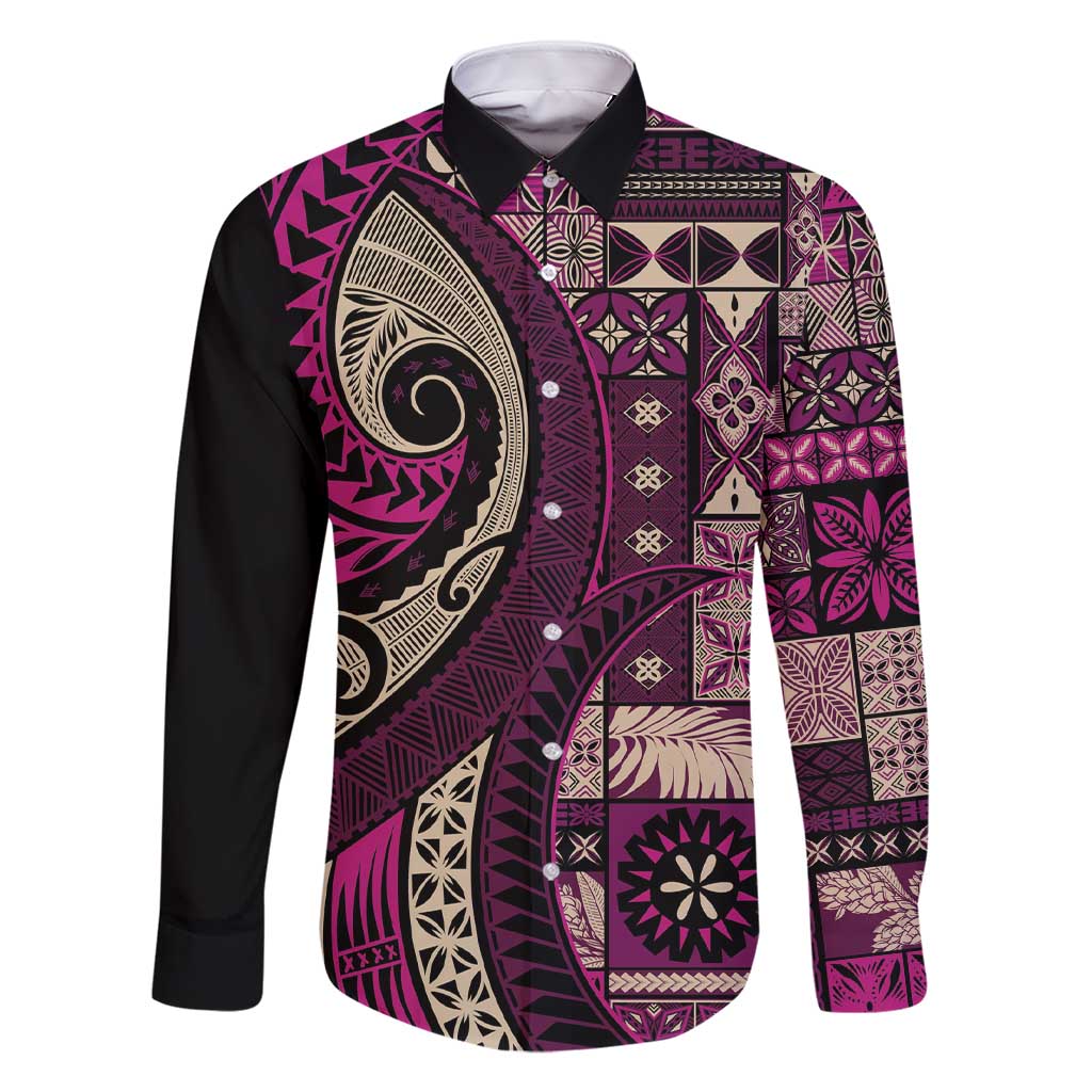 Vintage Samoa Siapo Mamanu Family Matching Short Sleeve Bodycon Dress and Hawaiian Shirt Pink Samoan Tapa Motif - Polynesian Pride