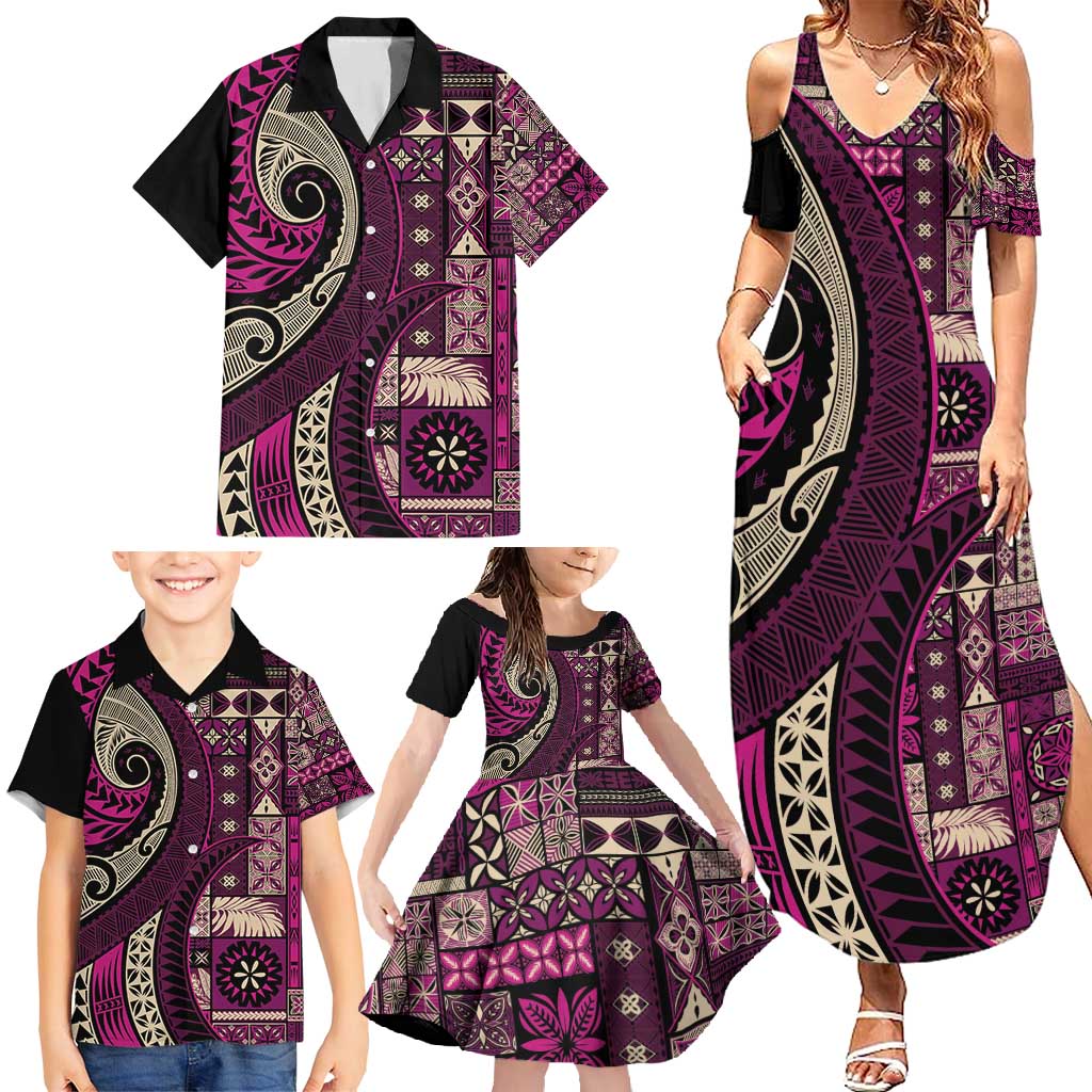 Vintage Samoa Siapo Mamanu Family Matching Summer Maxi Dress and Hawaiian Shirt Pink Samoan Tapa Motif - Polynesian Pride