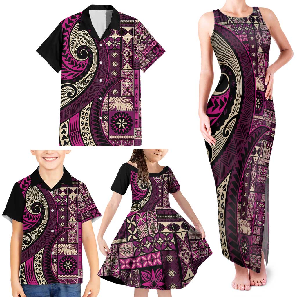 Vintage Samoa Siapo Mamanu Family Matching Tank Maxi Dress and Hawaiian Shirt Pink Samoan Tapa Motif - Polynesian Pride