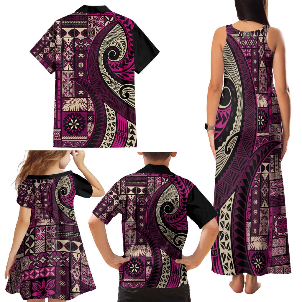 Vintage Samoa Siapo Mamanu Family Matching Tank Maxi Dress and Hawaiian Shirt Pink Samoan Tapa Motif - Polynesian Pride