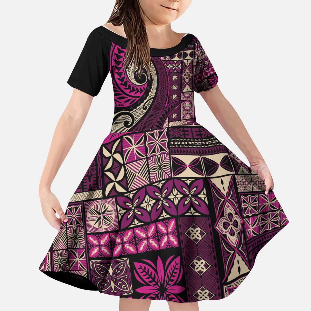 Vintage Samoa Siapo Mamanu Kid Short Sleeve Dress Pink Samoan Tapa Motif LT9 KID Pink - Polynesian Pride