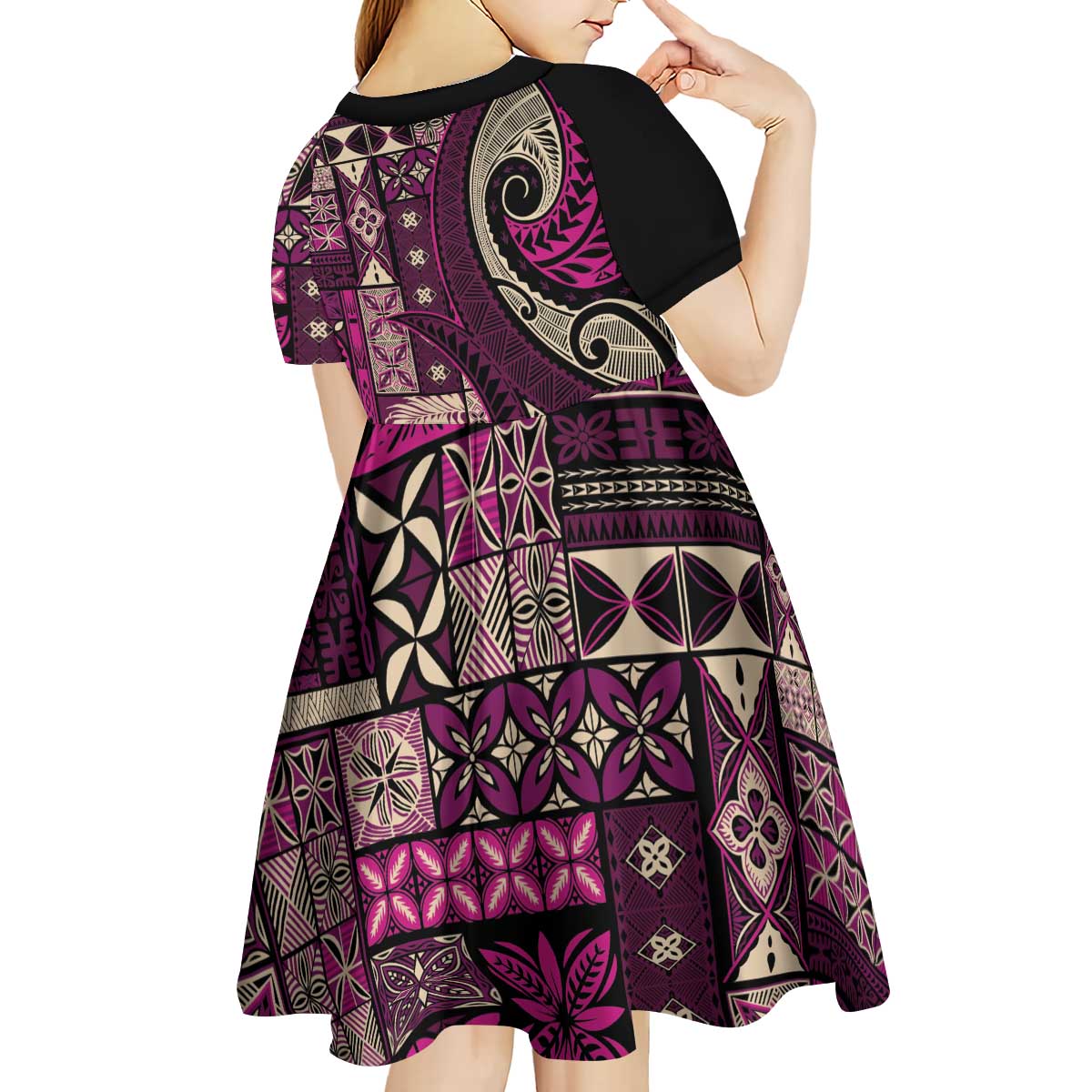 Vintage Samoa Siapo Mamanu Kid Short Sleeve Dress Pink Samoan Tapa Motif LT9 - Polynesian Pride