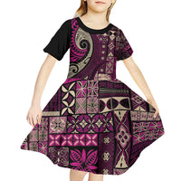 Vintage Samoa Siapo Mamanu Kid Short Sleeve Dress Pink Samoan Tapa Motif LT9 - Polynesian Pride