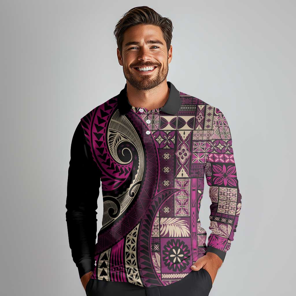 Vintage Samoa Siapo Mamanu Long Sleeve Polo Shirt Pink Samoan Tapa Motif - Polynesian Pride