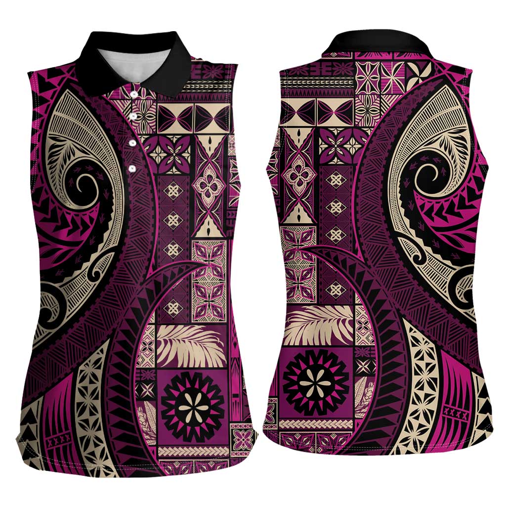 Vintage Samoa Siapo Mamanu Women Sleeveless Polo Shirt Pink Samoan Tapa Motif - Polynesian Pride