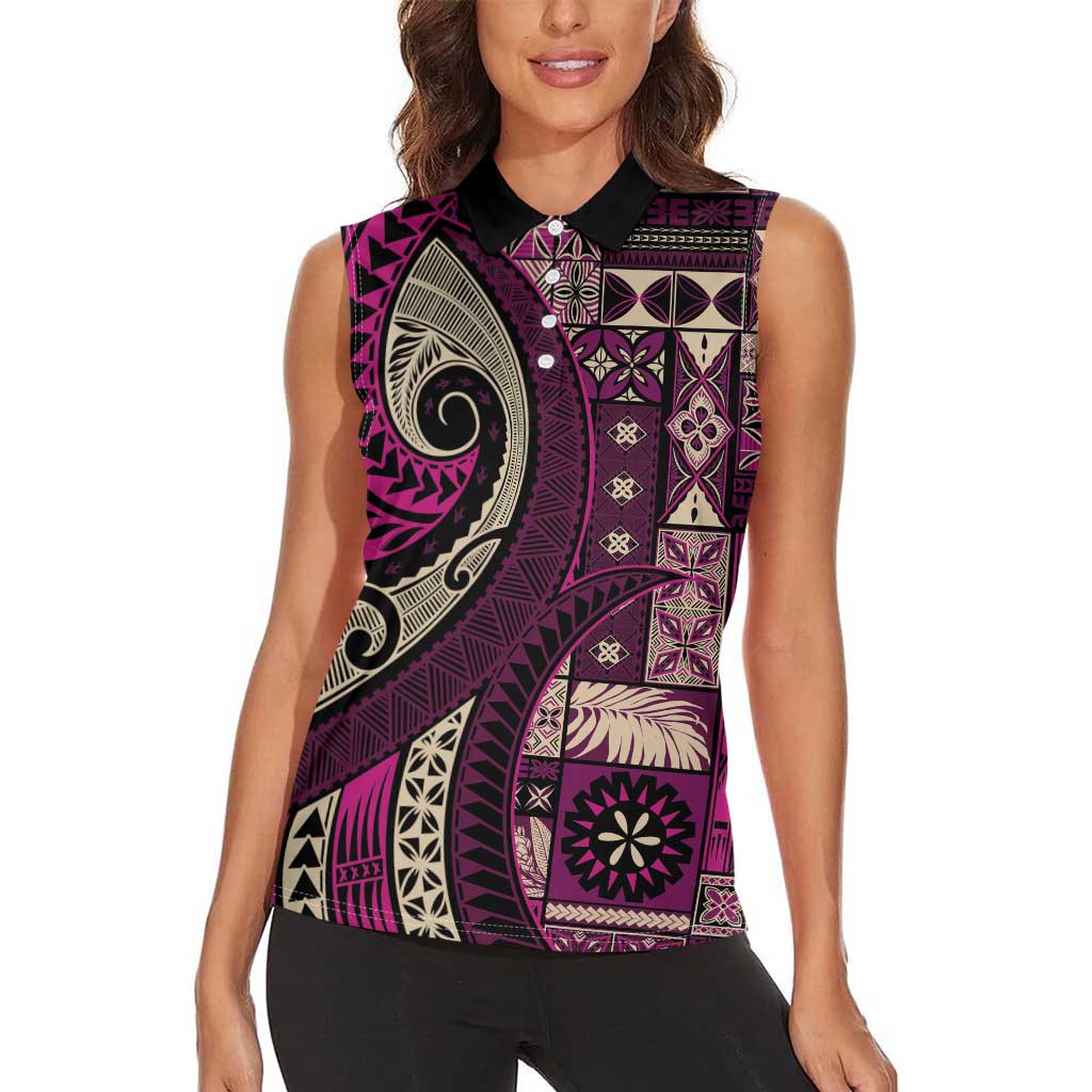 Vintage Samoa Siapo Mamanu Women Sleeveless Polo Shirt Pink Samoan Tapa Motif - Polynesian Pride