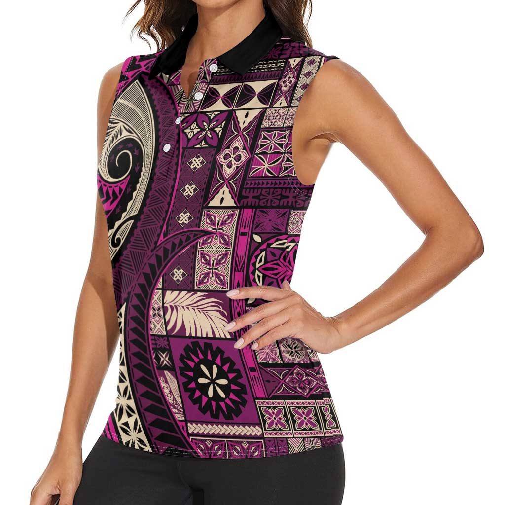 Vintage Samoa Siapo Mamanu Women Sleeveless Polo Shirt Pink Samoan Tapa Motif - Polynesian Pride