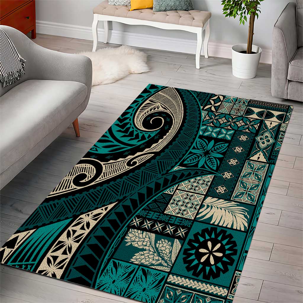 Vintage Samoa Siapo Mamanu Area Rug Teal Samoan Tapa Motif - Polynesian Pride