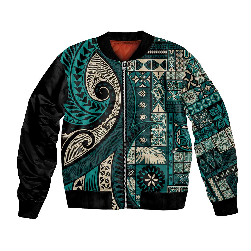 Vintage Samoa Siapo Mamanu Bomber Jacket Teal Samoan Tapa Motif - Polynesian Pride