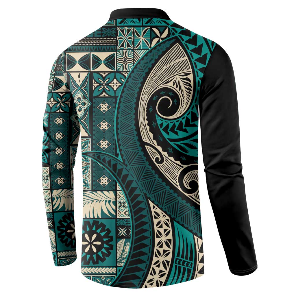 Vintage Samoa Siapo Mamanu Button Sweatshirt Teal Samoan Tapa Motif - Polynesian Pride