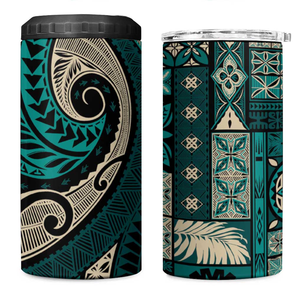 Vintage Samoa Siapo Mamanu 4 in 1 Can Cooler Tumbler Teal Samoan Tapa Motif - Polynesian Pride
