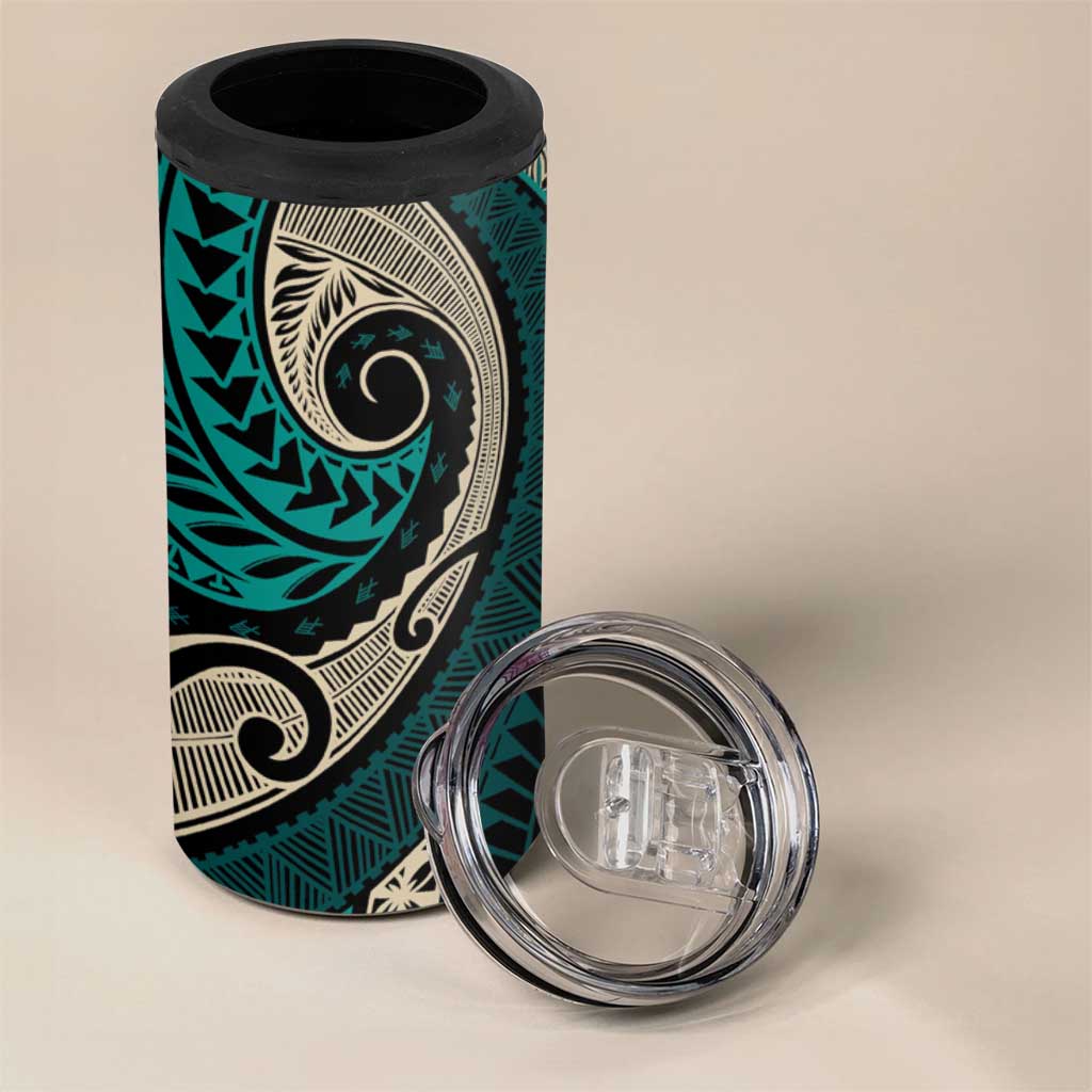 Vintage Samoa Siapo Mamanu 4 in 1 Can Cooler Tumbler Teal Samoan Tapa Motif - Polynesian Pride