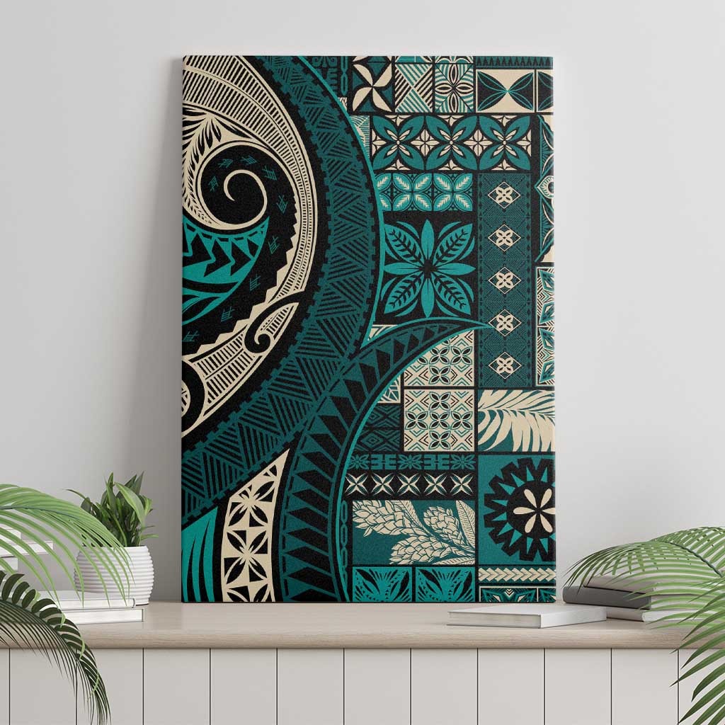 Vintage Samoa Siapo Mamanu Canvas Wall Art Teal Samoan Tapa Motif - Polynesian Pride