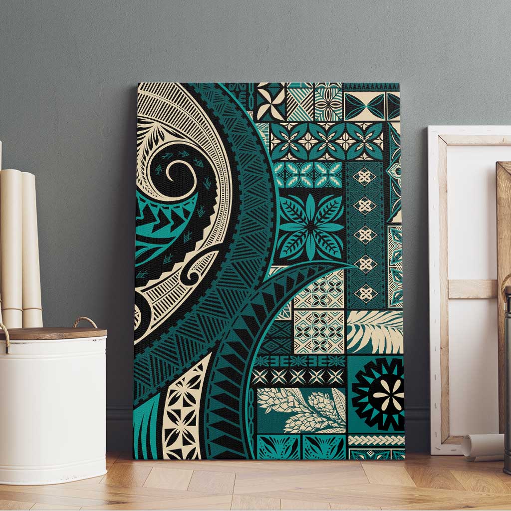 Vintage Samoa Siapo Mamanu Canvas Wall Art Teal Samoan Tapa Motif - Polynesian Pride