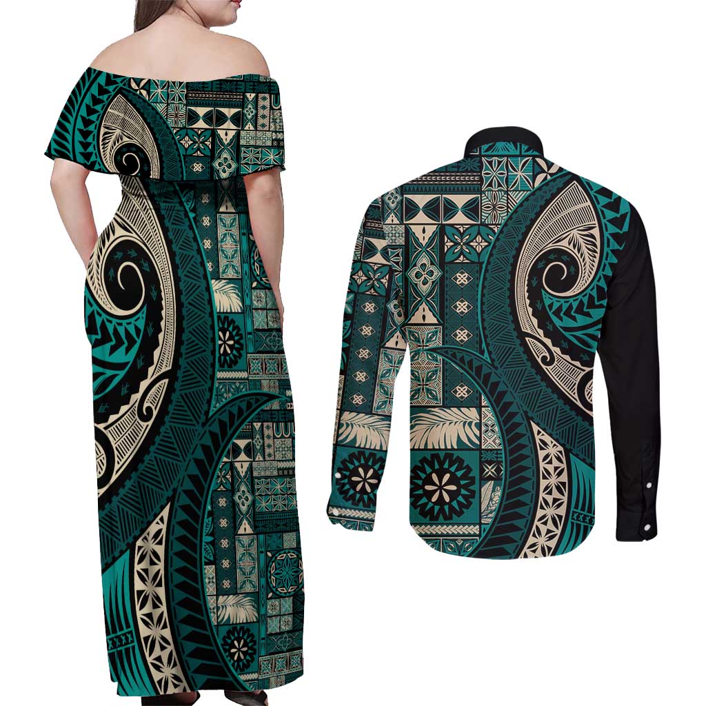 Vintage Samoa Siapo Mamanu Couples Matching Off Shoulder Maxi Dress and Long Sleeve Button Shirt Teal Samoan Tapa Motif - Polynesian Pride