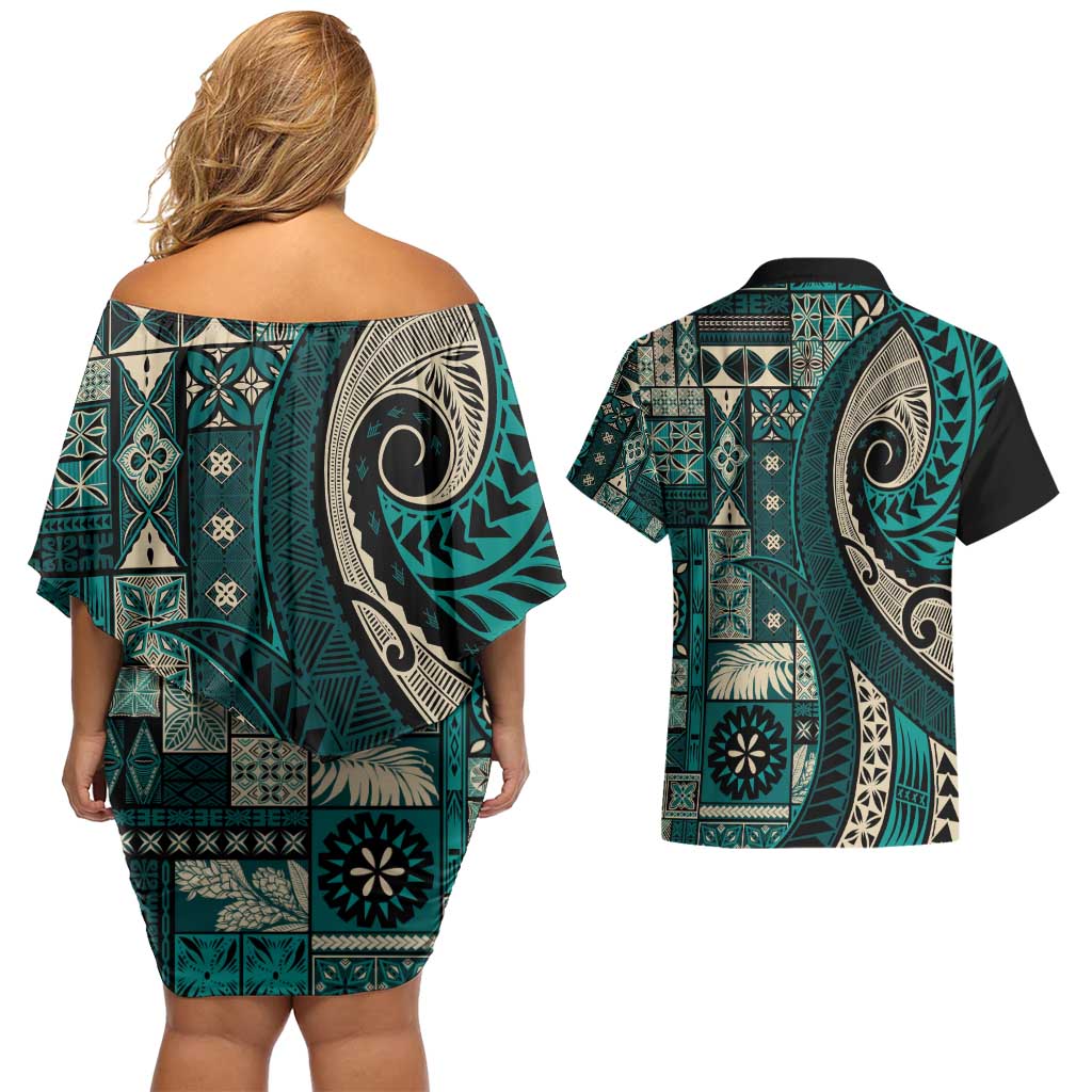 Vintage Samoa Siapo Mamanu Couples Matching Off Shoulder Short Dress and Hawaiian Shirt Teal Samoan Tapa Motif - Polynesian Pride