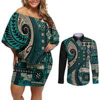 Vintage Samoa Siapo Mamanu Couples Matching Off Shoulder Short Dress and Long Sleeve Button Shirt Teal Samoan Tapa Motif - Polynesian Pride