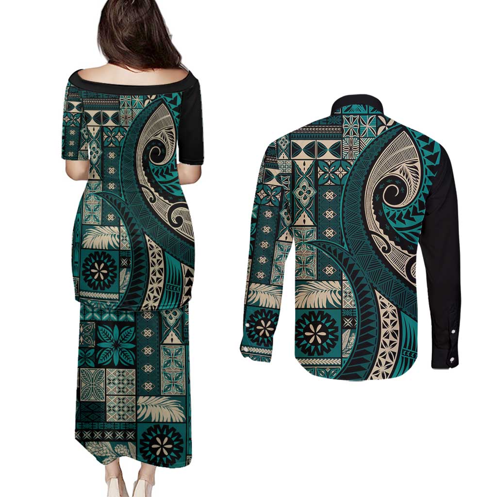 Vintage Samoa Siapo Mamanu Couples Matching Puletasi and Long Sleeve Button Shirt Teal Samoan Tapa Motif - Polynesian Pride