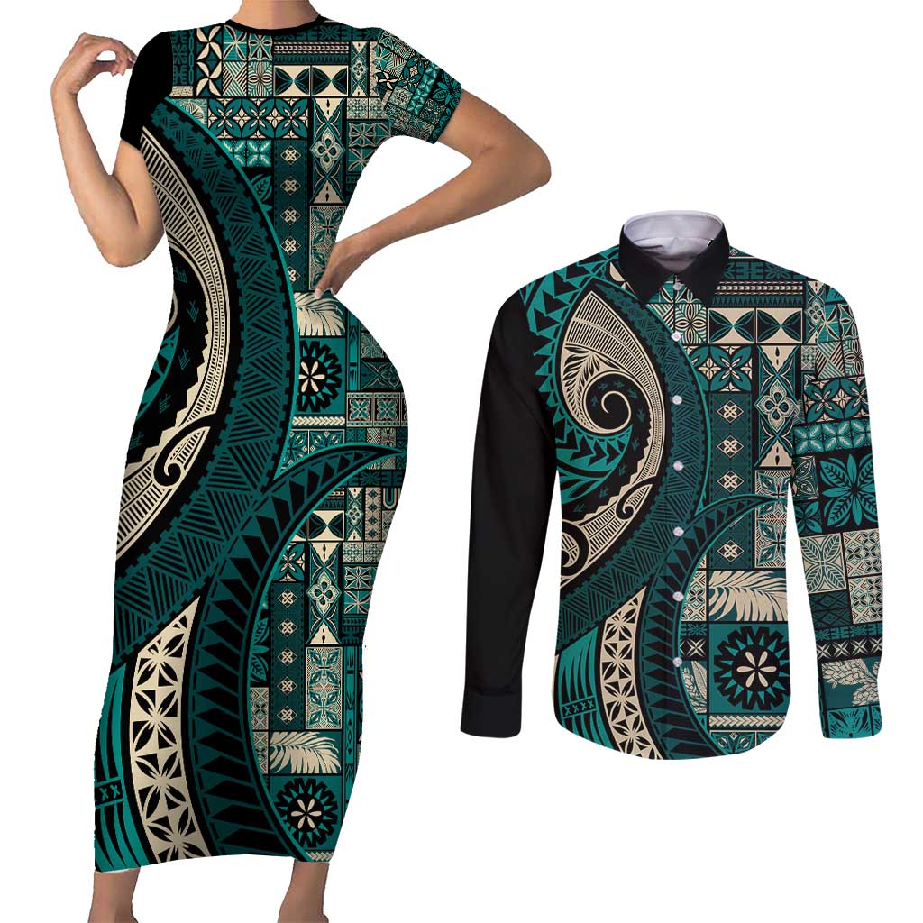 Vintage Samoa Siapo Mamanu Couples Matching Short Sleeve Bodycon Dress and Long Sleeve Button Shirt Teal Samoan Tapa Motif - Polynesian Pride