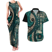 Vintage Samoa Siapo Mamanu Couples Matching Tank Maxi Dress and Hawaiian Shirt Teal Samoan Tapa Motif - Polynesian Pride