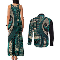 Vintage Samoa Siapo Mamanu Couples Matching Tank Maxi Dress and Long Sleeve Button Shirt Teal Samoan Tapa Motif - Polynesian Pride