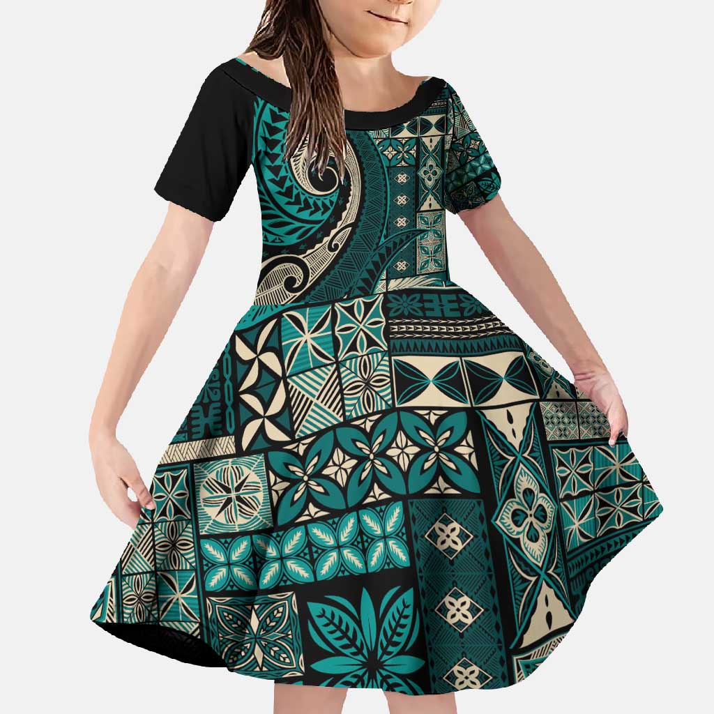 Vintage Samoa Siapo Mamanu Family Matching Long Sleeve Bodycon Dress and Hawaiian Shirt Teal Samoan Tapa Motif - Polynesian Pride