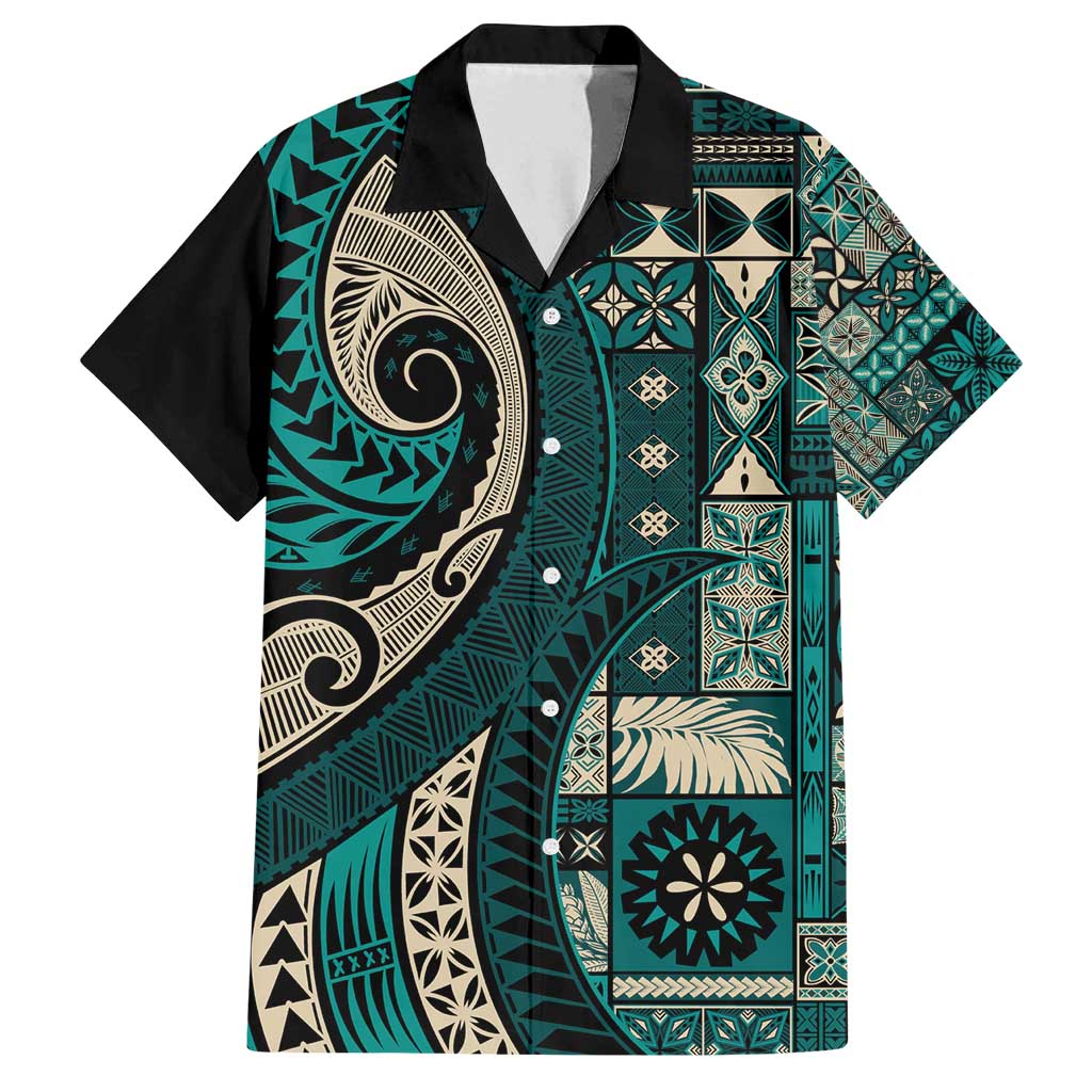 Vintage Samoa Siapo Mamanu Family Matching Long Sleeve Bodycon Dress and Hawaiian Shirt Teal Samoan Tapa Motif - Polynesian Pride