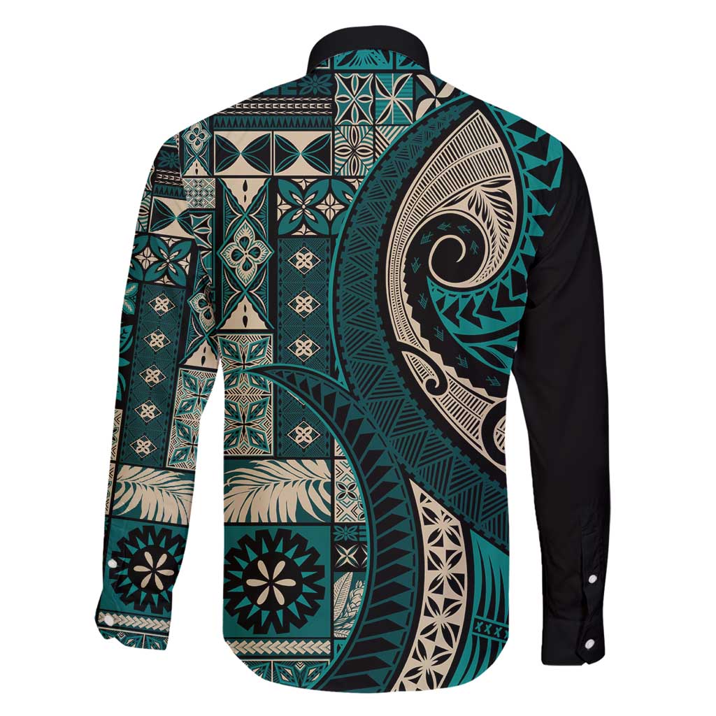 Vintage Samoa Siapo Mamanu Family Matching Long Sleeve Bodycon Dress and Hawaiian Shirt Teal Samoan Tapa Motif - Polynesian Pride