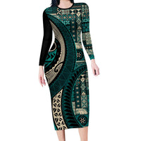 Vintage Samoa Siapo Mamanu Family Matching Long Sleeve Bodycon Dress and Hawaiian Shirt Teal Samoan Tapa Motif - Polynesian Pride