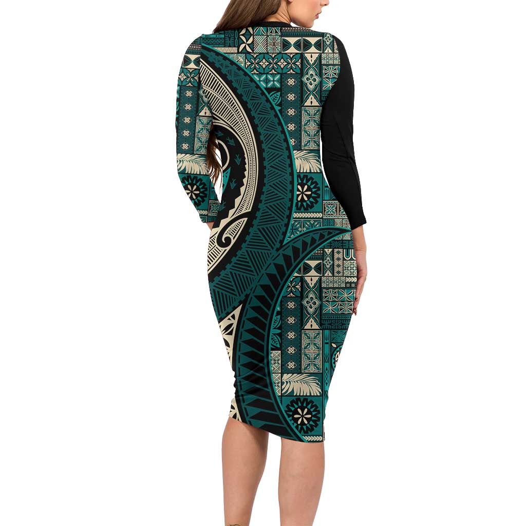 Vintage Samoa Siapo Mamanu Family Matching Long Sleeve Bodycon Dress and Hawaiian Shirt Teal Samoan Tapa Motif - Polynesian Pride