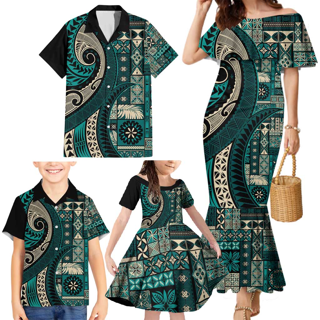 Vintage Samoa Siapo Mamanu Family Matching Mermaid Dress and Hawaiian Shirt Teal Samoan Tapa Motif - Polynesian Pride