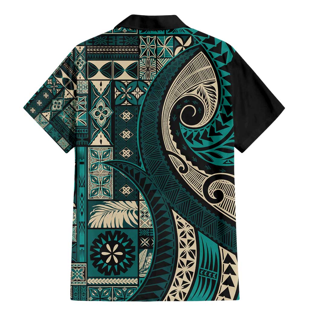 Vintage Samoa Siapo Mamanu Family Matching Mermaid Dress and Hawaiian Shirt Teal Samoan Tapa Motif - Polynesian Pride