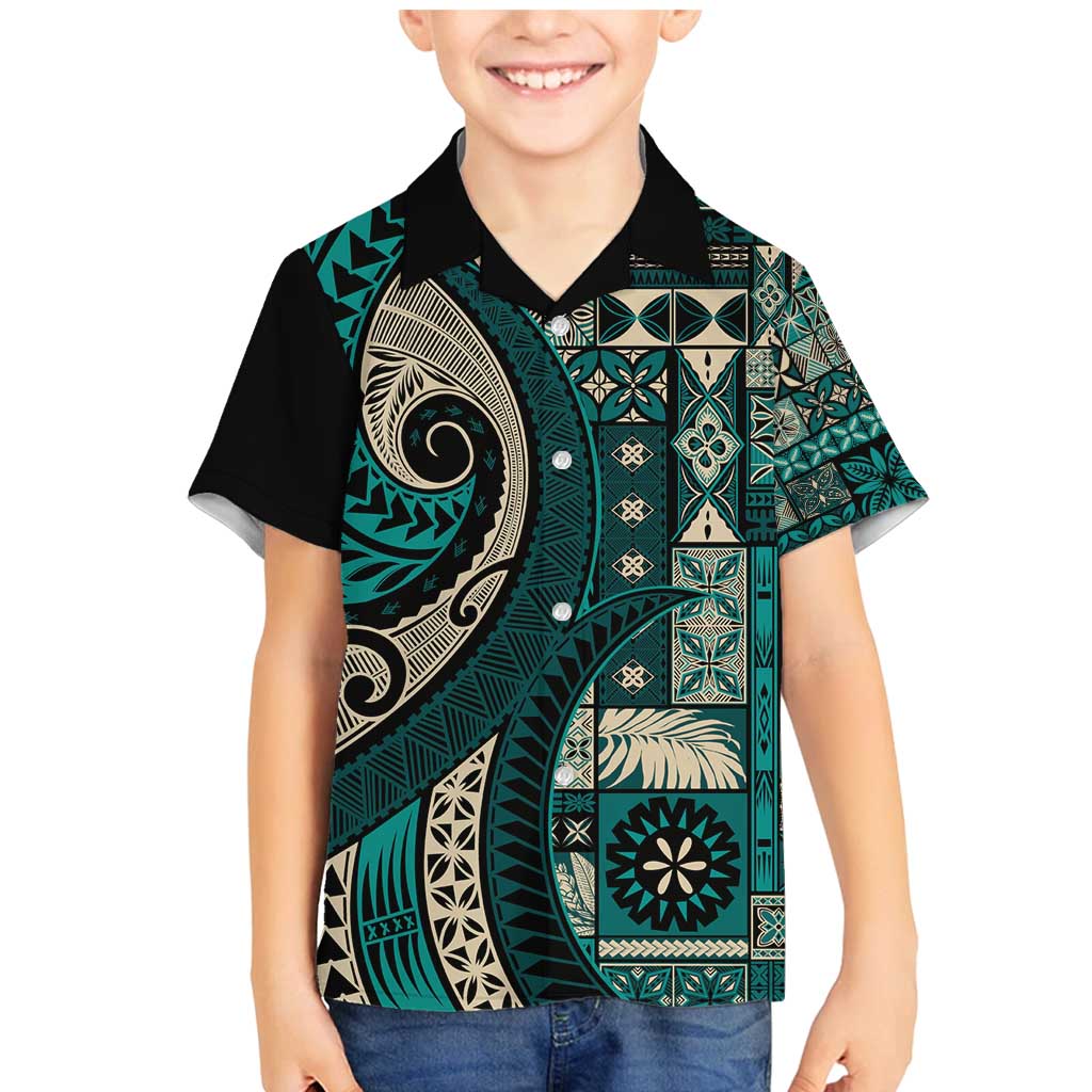 Vintage Samoa Siapo Mamanu Family Matching Mermaid Dress and Hawaiian Shirt Teal Samoan Tapa Motif - Polynesian Pride