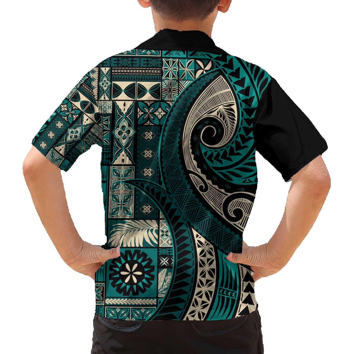 Vintage Samoa Siapo Mamanu Family Matching Off The Shoulder Long Sleeve Dress and Hawaiian Shirt Teal Samoan Tapa Motif - Polynesian Pride