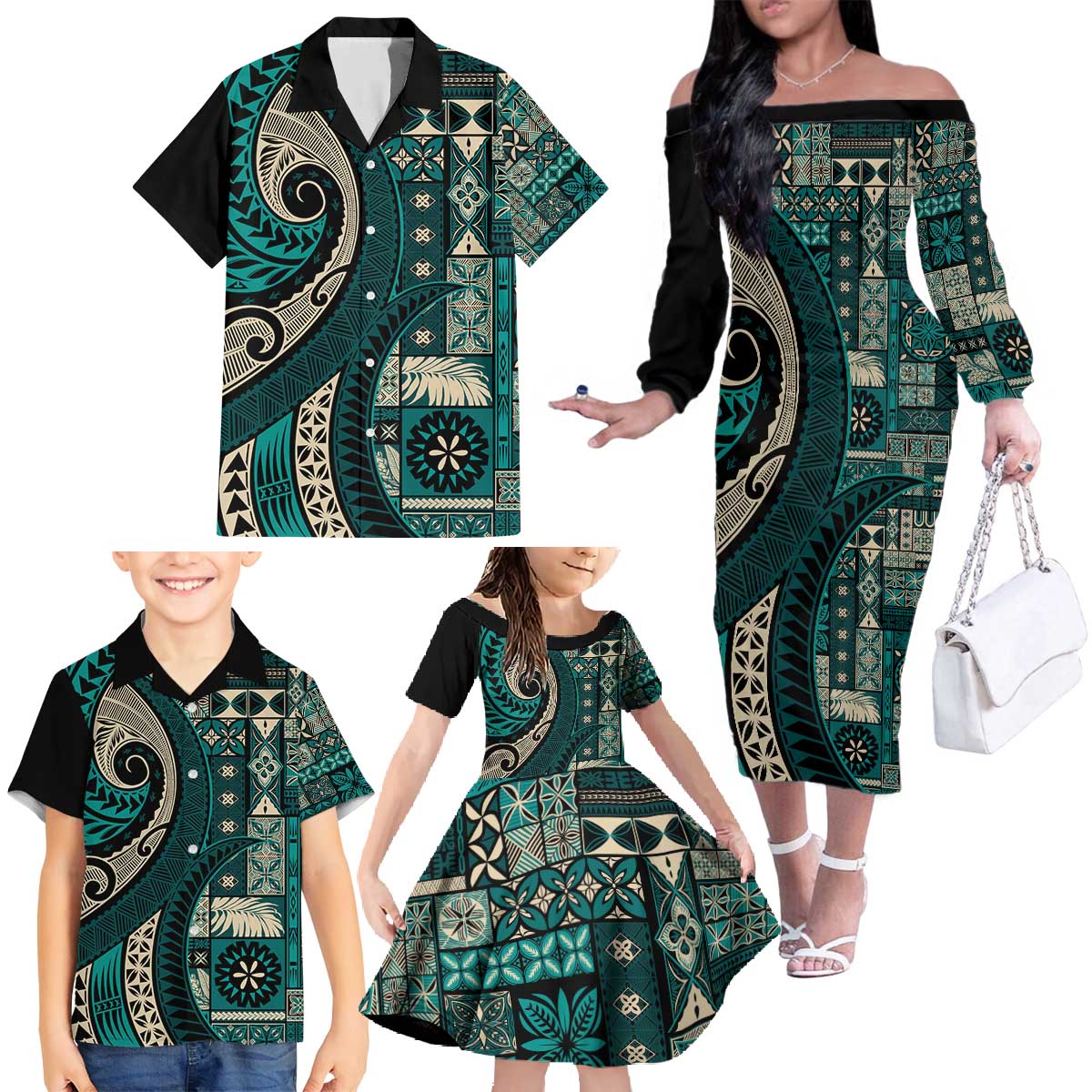 Vintage Samoa Siapo Mamanu Family Matching Off The Shoulder Long Sleeve Dress and Hawaiian Shirt Teal Samoan Tapa Motif - Polynesian Pride