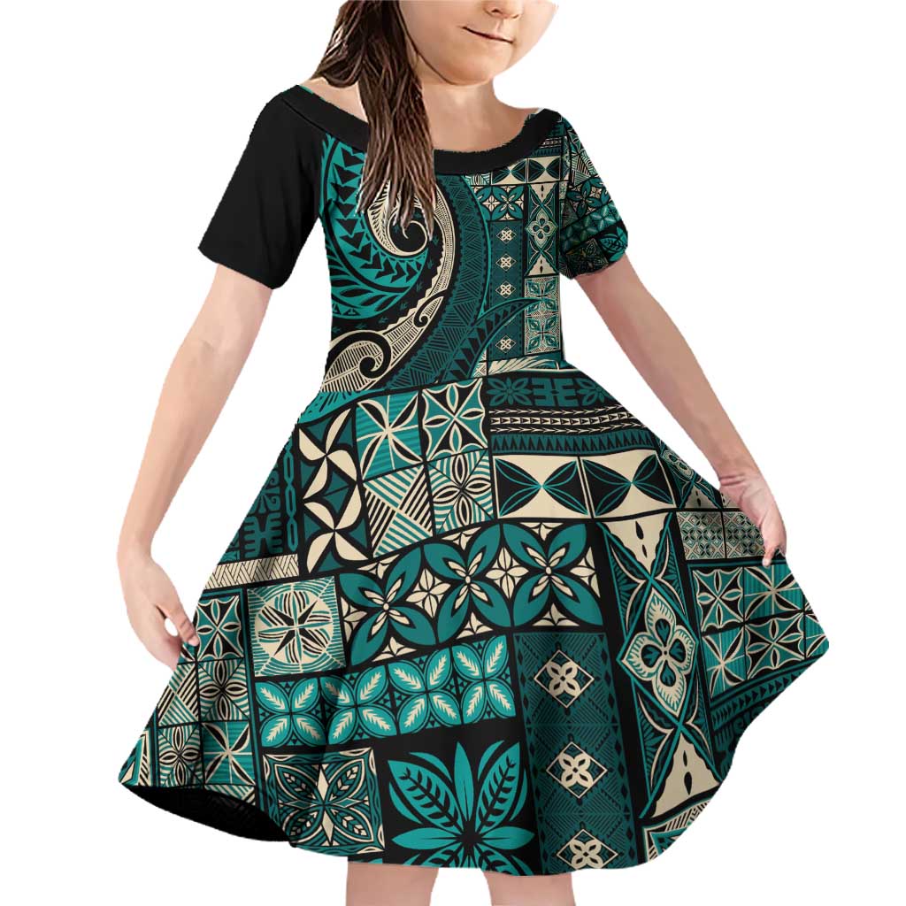 Vintage Samoa Siapo Mamanu Family Matching Off Shoulder Short Dress and Hawaiian Shirt Teal Samoan Tapa Motif - Polynesian Pride