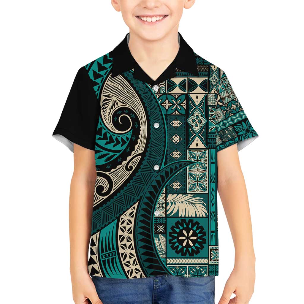 Vintage Samoa Siapo Mamanu Family Matching Off Shoulder Short Dress and Hawaiian Shirt Teal Samoan Tapa Motif - Polynesian Pride