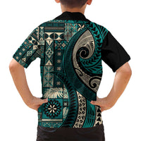 Vintage Samoa Siapo Mamanu Family Matching Summer Maxi Dress and Hawaiian Shirt Teal Samoan Tapa Motif - Polynesian Pride