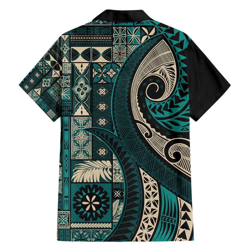 Vintage Samoa Siapo Mamanu Family Matching Summer Maxi Dress and Hawaiian Shirt Teal Samoan Tapa Motif - Polynesian Pride