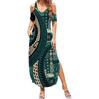 Vintage Samoa Siapo Mamanu Family Matching Summer Maxi Dress and Hawaiian Shirt Teal Samoan Tapa Motif - Polynesian Pride