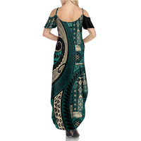 Vintage Samoa Siapo Mamanu Family Matching Summer Maxi Dress and Hawaiian Shirt Teal Samoan Tapa Motif - Polynesian Pride